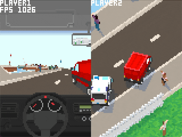 A looping gameplay GIF of a low resolution split-screen 3D car game.