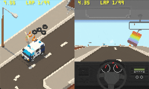 A looping gameplay GIF of a low resolution split-screen 3D car game.