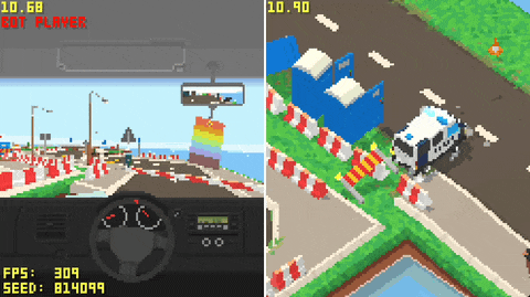 A looping gameplay GIF of a low resolution split-screen 3D car game.