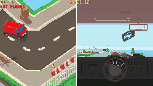 A looping gameplay GIF of a low resolution split-screen 3D car game.