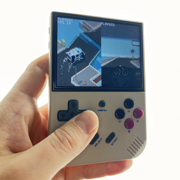 Small Linux handheld, my current 3D car game project running on it.