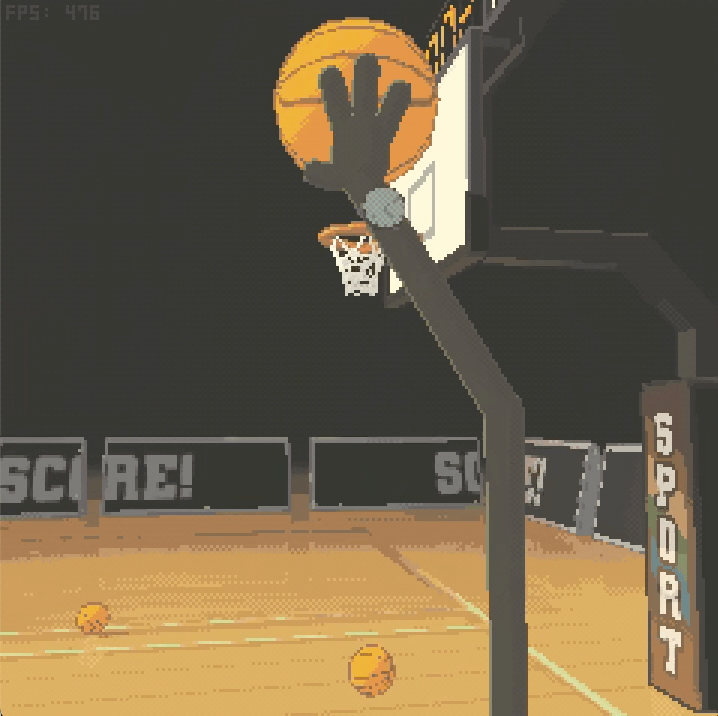 A cartoony hand throwing a basketball in a 3D video game