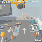 A first-person view of a tower crane operator lifting up cars at a rooftop parking lot in a physics-based low-res video game.